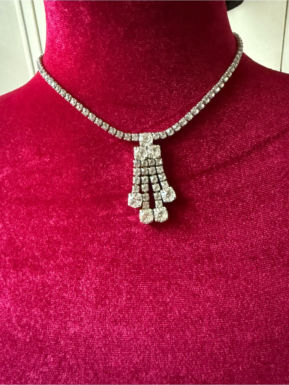 Vintage 1950s Rhinestone Necklace Silver Tone Dangle Fringe Mid Century 16.5”